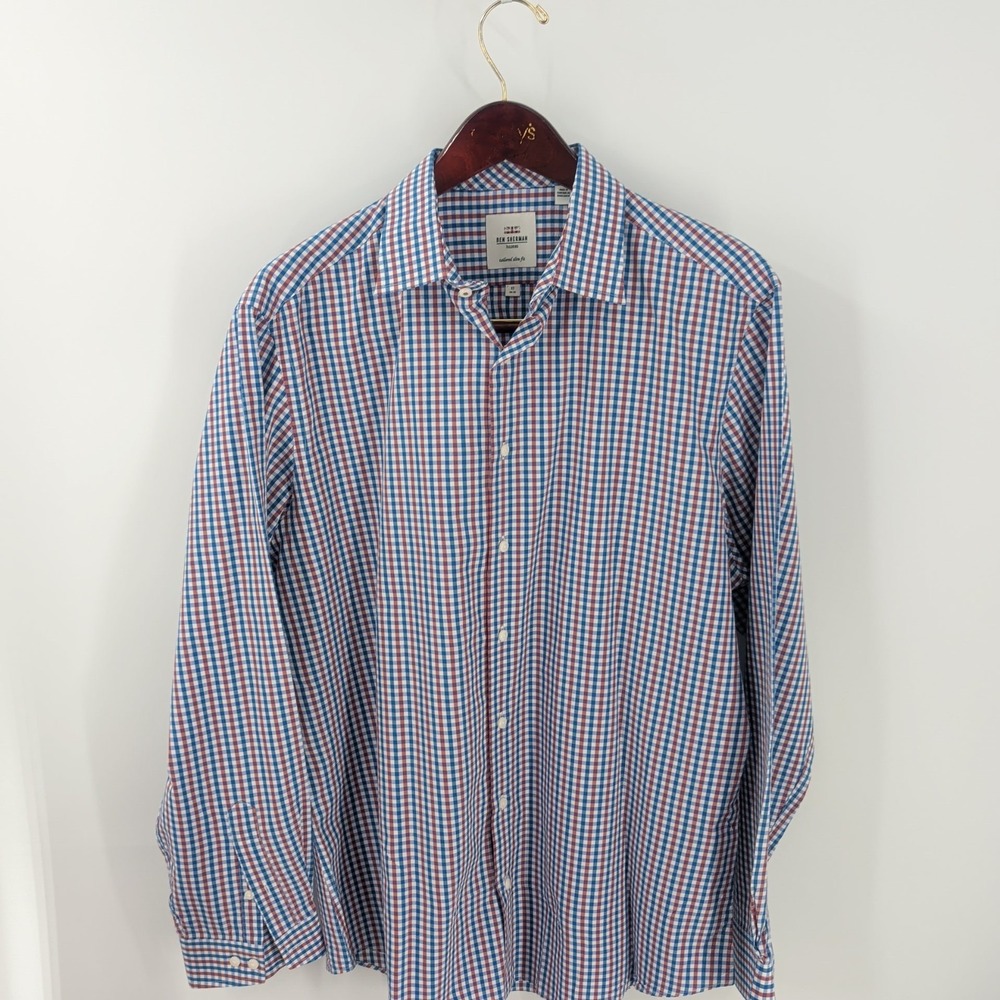 Ben Sherman Tailored Slim Fit Long Sleeve Check Button Up Shirt Blue Red 34x35